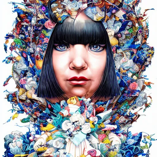 Image similar to portrait of crazy beautiful singer sia kate isobelle furler, big ribbon, ymmetrical, by yoichi hatakenaka, masamune shirow, josan gonzales and dan mumford, ayami kojima, takato yamamoto, barclay shaw, karol bak, yukito kishiro