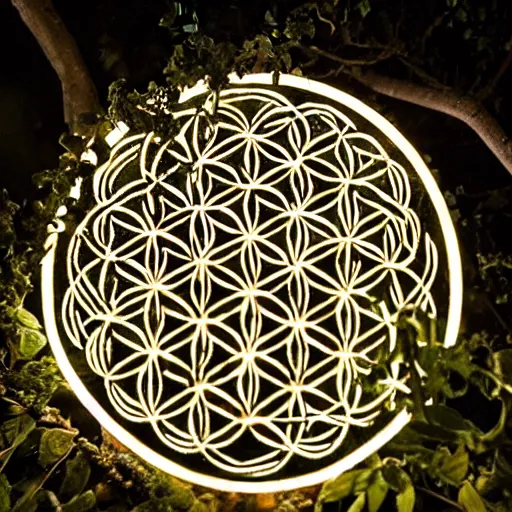 Image similar to Celtic flower of life carved on a tree illuminated by full moonlight, Photo taken with Nikon ISO 2600