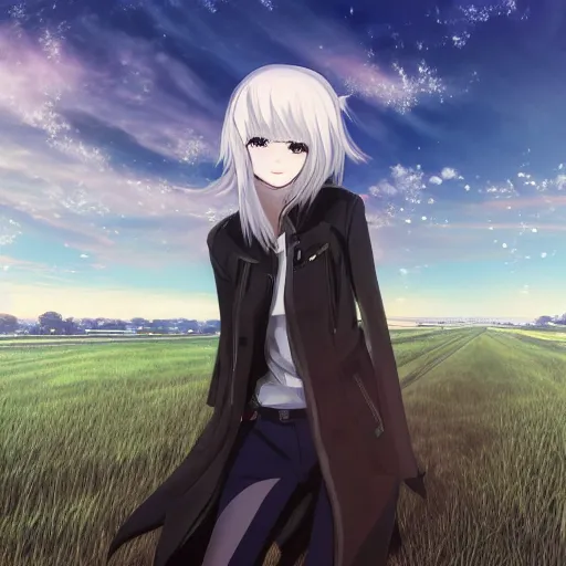 Image similar to 1 7 - year - old pale - skinned anime girl with black long bob cut, long bangs, black gothic jacket, black jeans, flying through sky, jumping through clouds, late evening, blue hour, cirrus clouds, pearly sky, ultra - realistic, sharp details, subsurface scattering, blue sunshine, intricate details, hd anime, 2 0 1 9 anime