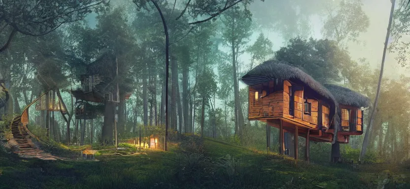 Prompt: sustainable treehouses single family homes powered completely by renewable energy in a densely populated forest a digital illustration by jordan grimmer, trending on artstation, ray tracing on, unreal engine