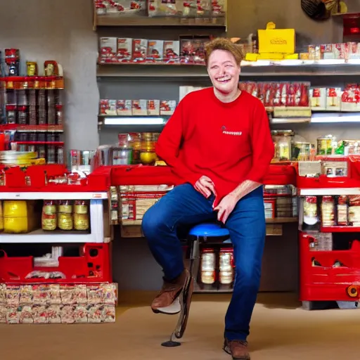 Image similar to tom scott wearing the iconic red shirt while working behind a general shop counter, happy, bright lighting, photorealistic, 4 k