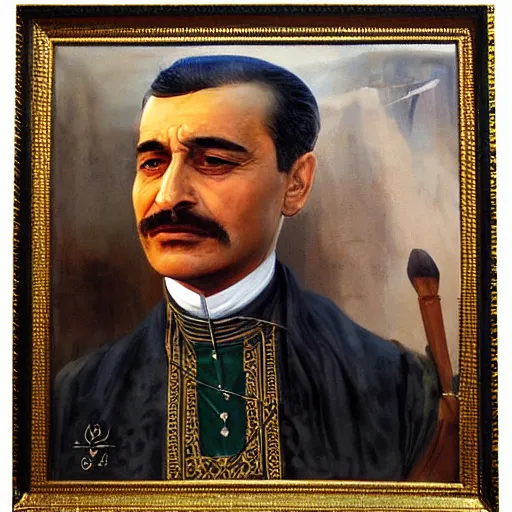 Image similar to king of Kurdistan, Mahmud Barzanji, royal portrait, award winning oil painting, incredibly detailed, insanely beautiful, symmetrical face, realistic