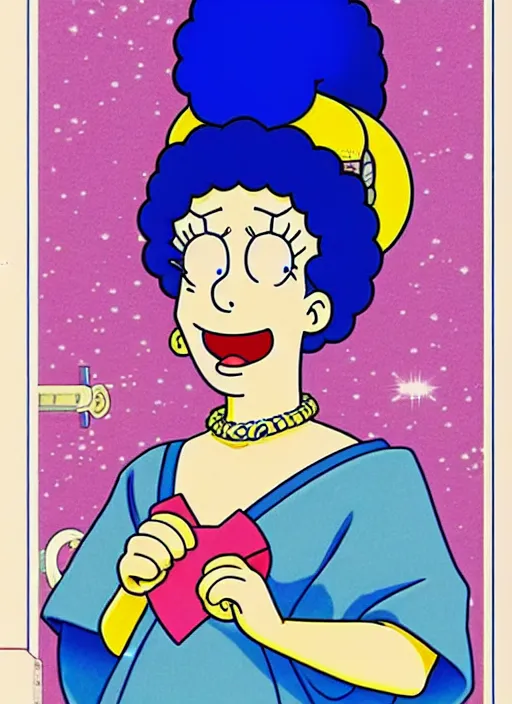 Image similar to perfectly centered realistic picture of marge simpson as a sailor moon, calls on the phone at futuristic office, highly detailed, 8 0 - s style poster, sharp focus, illustration, art by kawase hasui,