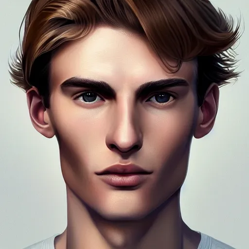 Image similar to tall man in his twenties with brown blond short quiff hair and slightly round facial structure with cleft chin, straight eyebrows and prominent nose, good definition of cheekbones, big hazel nut brown eyes, narrow face, slim body, atmospheric lighting, painted, intricate, 4 k, highly detailed by charlie bowater