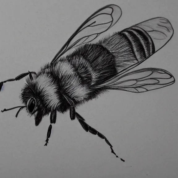 Image similar to a pencil drawing of a bee flying over a flower. by pen tacular