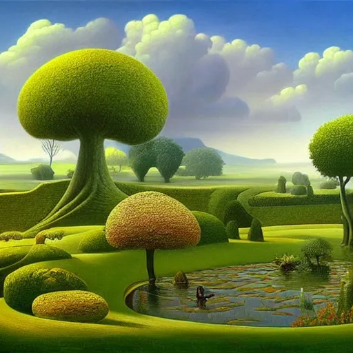 Prompt: A serene landscape of a garden by Vladimir Kush.