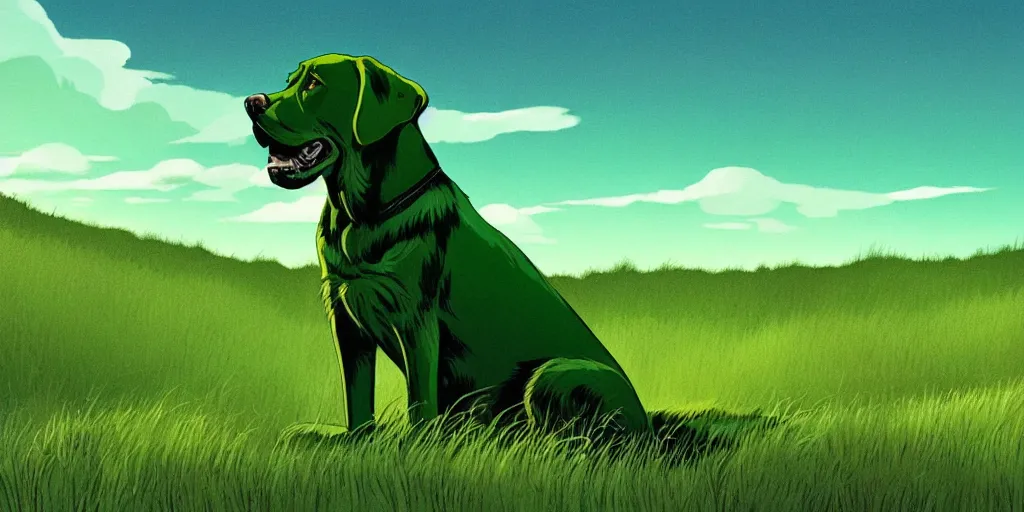 Prompt: hyperrealist, graphic novel illustration of a massive green labrador retriever and shaggy green fur with green dye sitting on a grassy hill, pulp 7 0's sci - fi vibes, 9 0's hannah barbara fantasy animation, cinematic, movie still, studio ghibli masterpiece