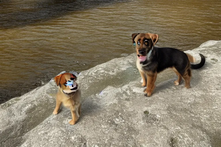 Image similar to a puppy is looking directly at the water below them while they stand at an edge