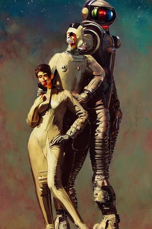 Prompt: pulp scifi fantasy illustration full body portrait of elegant woman wearing latex spacesuit standing beside huge martian, by norman rockwell, jack kirby, bergey, craig mullins, ruan jia, jeremy mann, tom lovell, 5 0 s, astounding stories, fantasy