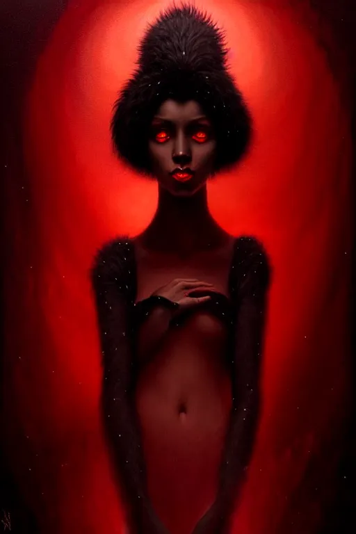 Image similar to Nocturne, glowing, stars, a portrait of black furry shadow monster hybrid woman, highly detailed, mysterious, ethereal, dressed in red velvet, haute couture, illustration, dramatic lighting, soft details, painting, by Edmund Blair Leighton, Brom, Charlie Bowater, trending on artstation, faces by Tom Bagshaw, otto schmidt