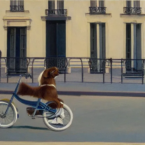 Image similar to young australian shepherd puppy riding a bike in paris. edward hopper. faithfully depicted, sharp focus, global illumination, radiant light, detailed and intricate environment, trending on artstation