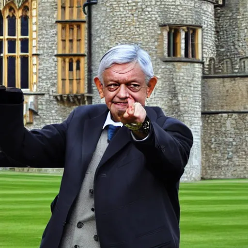 Image similar to amlo pointing the gun at his head, being in windsor castle.