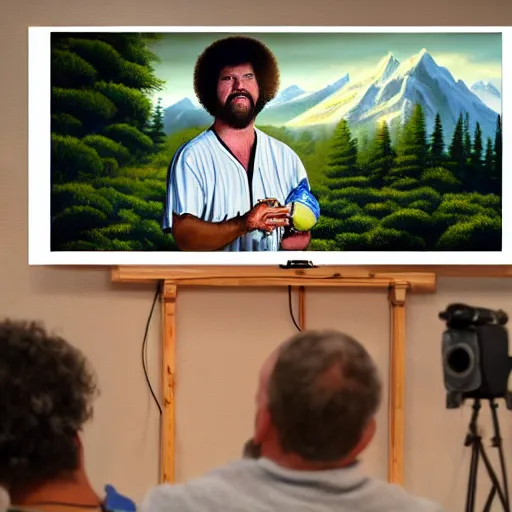 Image similar to a closeup photorealistic photograph of bob ross crafting an image of kenny powers autographing a baseball, painting on a canvas. mountains and trees. film still. brightly lit scene. this 4 k hd image is trending on artstation, featured on behance, well - rendered, extra crisp, features intricate detail, epic composition and the style of unreal engine.