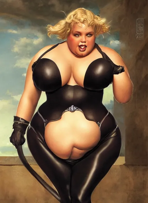 Prompt: a beautiful portrait of 4 0 0 pound obese brittany spears as 4 0 0 pound catwoman from batman, digital art by eugene de blaas and ross tran, vibrant color scheme, highly detailed, in the style of romanticism, cinematic, artstation, greg rutkowski