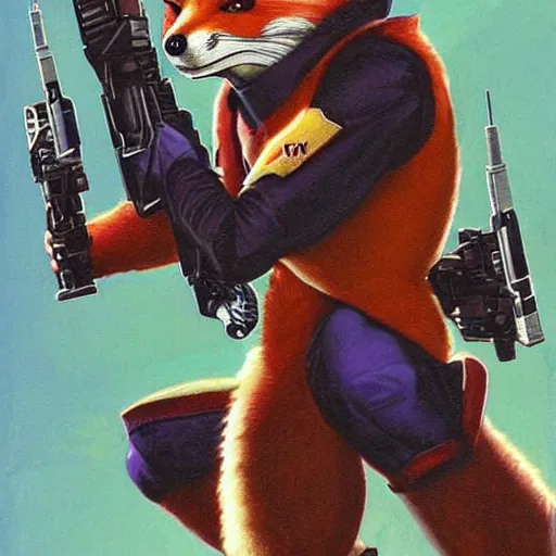 Image similar to a portrait of fox mccloud holding a blaster, suspenseful, heroic, anthropomorphic furry art, star fox, by jim burns, vincent di fate, and peter elson