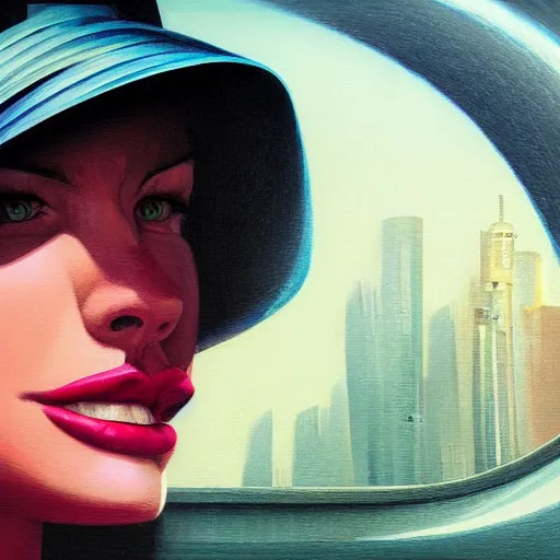 Image similar to detailed face of a woman, clockwork, moment, tectonic sky, skydome, bullet train, turbines, utopian, tech noir, wet reflections, prism, atmospheric, ambient, pj crook, syd mead, emma uber, greg rutkowski, edward hopper