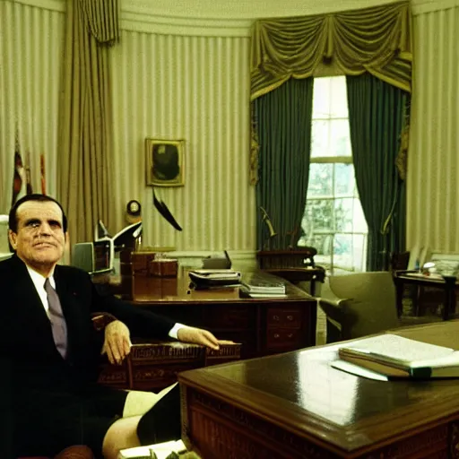 Prompt: President Richard Nixon in the Oval Office. White House photo. Dramatic lighting, color.