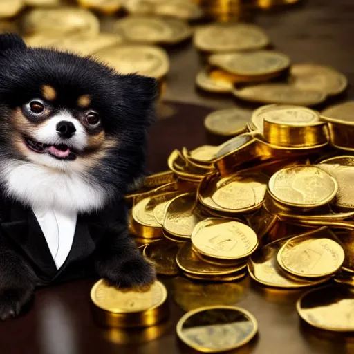 Image similar to A pomeranian wearing a top-hat and a monocle, sitting on top of a large pile of gold coins