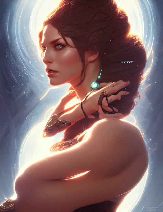 Image similar to futuristic woman portrait, sci-fi, amber eyes, face, long hair, fantasy, intricate, elegant, highly detailed, digital painting, artstation, concept art, smooth, sharp focus, illustration, art by artgerm and greg rutkowski and alphonse mucha