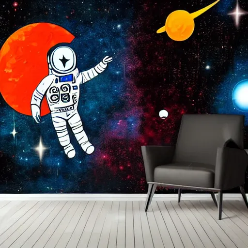 Image similar to mural of an astronaut exploring deep space, rocket in the background, laser beams, black and white paint, stencil art, abstract, cyberpunk, painted on a giant wall