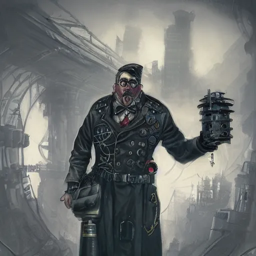 Image similar to steampunk cyberpunk fat soviet policeman, fog, darkness, evil, magic the gathering artwork, D&D, fantasy, cinematic lighting, centered, symmetrical, highly detailed, digital painting, artstation, concept art, smooth, sharp focus, illustration, volumetric lighting, epic Composition, 8k, art by Akihiko Yoshida and Greg Rutkowski and Craig Mullins, oil painting, cgsociety