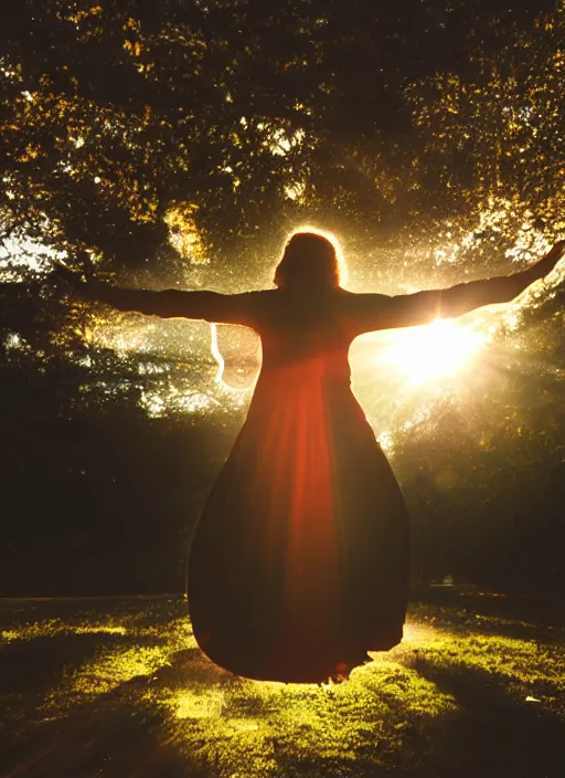 Image similar to female ascending into the sky, glowing aura, motion blur, out of focus, film grain, cinematic lighting, experimental film, shot on 1 6 mm, crepuscular rays