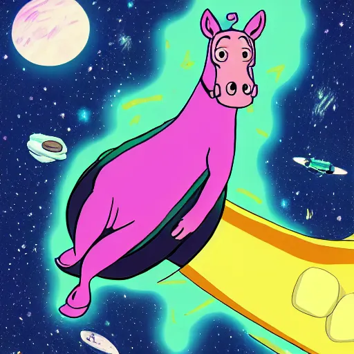 Image similar to Bojack Horseman riding a whale in space, digital art, Bojack Horseman