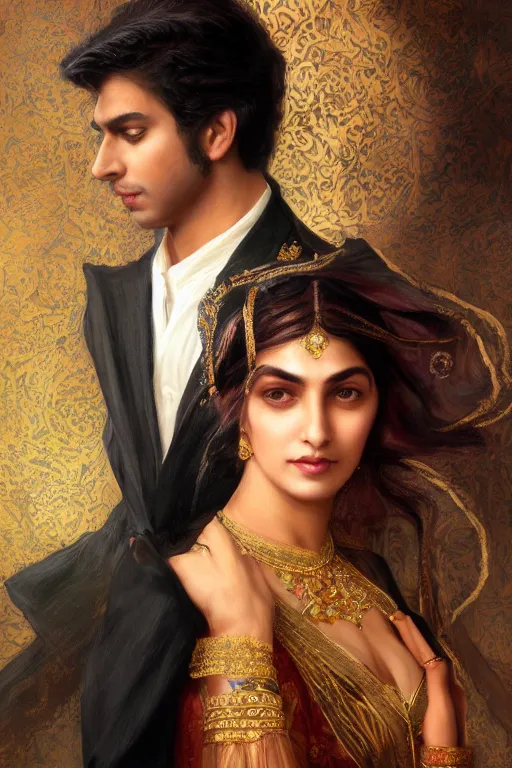 Prompt: a portrait of handsome young male indo-persian Satan and his elegant beautiful indo-persian wife, bored, illustration, dramatic lighting, soft details, painting oil on canvas, art nouveau, octane render, HDR, 4k, 8k, HD, by Edmund Blair Leighton, Brom, Charlie Bowater, trending on artstation, faces by Tom Bagshaw, Sargent