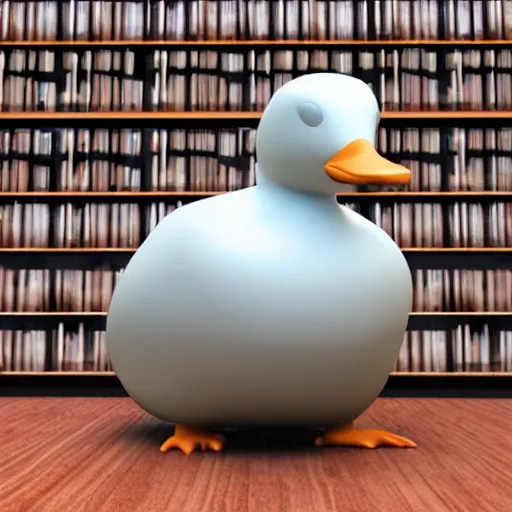 Prompt: huge buff duck 3 d render in a library