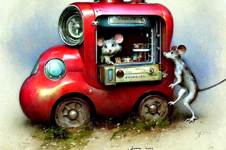 Image similar to adventurer ( ( ( ( ( 1 9 5 0 s retro future robot mouse vending machine wagon house. muted colors. ) ) ) ) ) by jean baptiste monge!!!!!!!!!!!!!!!!!!!!!!!!! chrome red