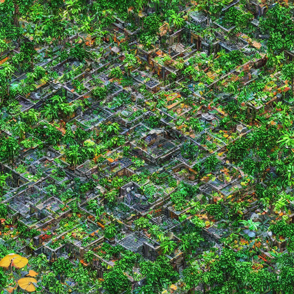 Image similar to Isometric photorealistic render of a solarpunk jungle, 4K PBS rendering