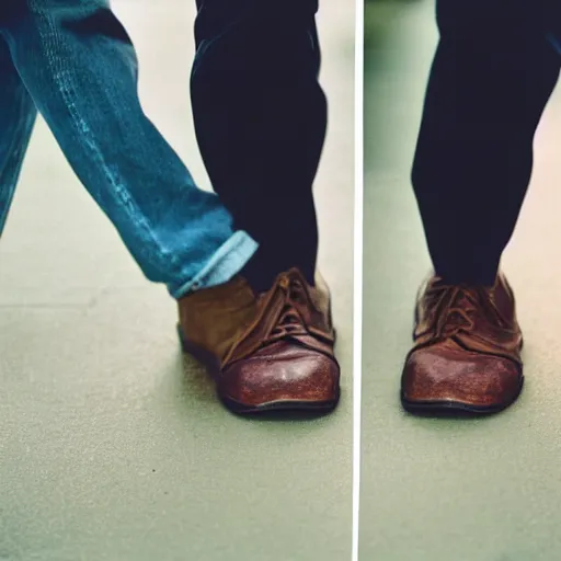 Prompt: a photograph of two people's legs facing in opposite directions, portra 400, 50mm lens, grainy, film, bokeh, shallow depth of field