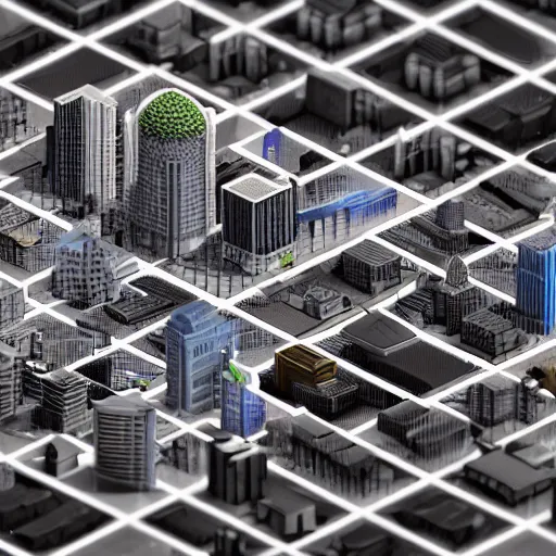 Prompt: isometric 3 d render of a city on a cpu chip, macro tilt shift extreme close - up of a city built on cpu, unreal engine render, isometric model rendered in octane