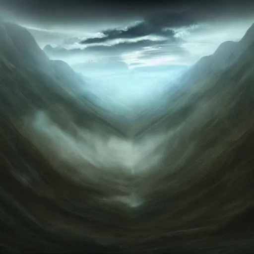 Prompt: a dark cloudy !!hand!! in a valley reaching out of the sky trying to touch the ground, matte painting, fantasy art