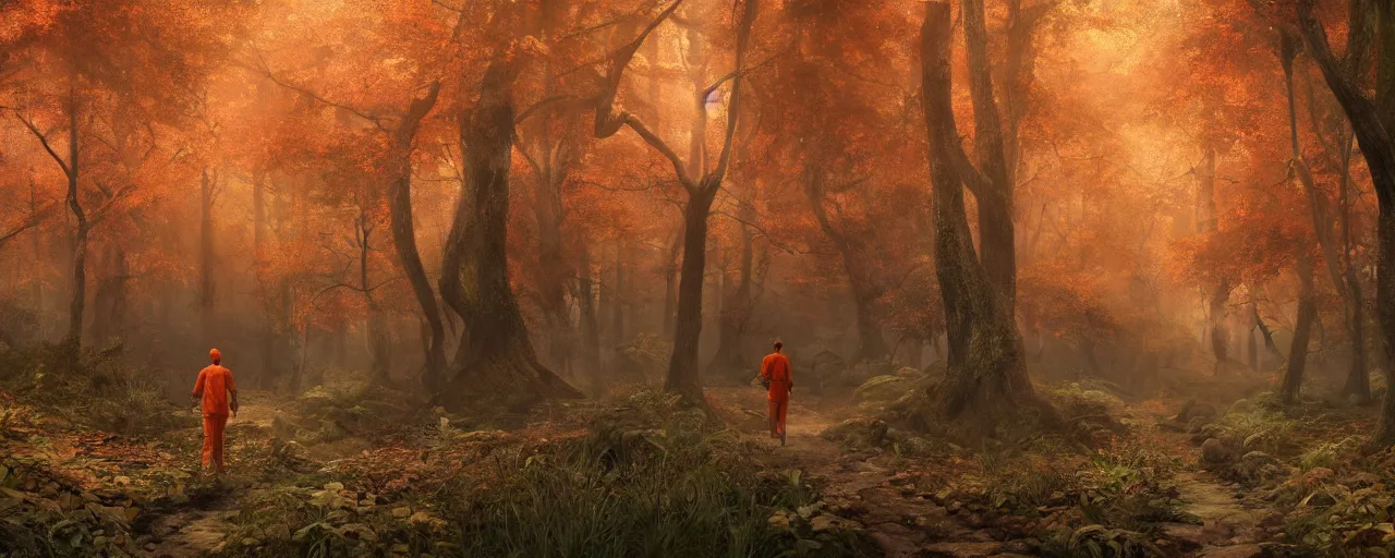 Prompt: a man in orange clothes walking through a forest, a detailed matte painting by senior matte painter, cgsociety contest winner, fantasy art, matte painting, volumetric lighting, rendered in unreal engine
