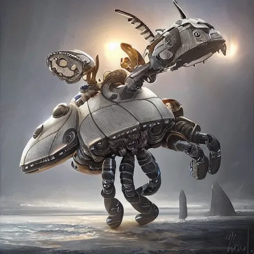 Prompt: a gray unicorn alien is changing batteries to a robotic crab, with african decoration and a spongebob puppet, highly detailed, concept art, art by wlop and artgerm and greg rutkowski, masterpiece, trending on artstation, 8 k