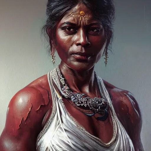 Image similar to painting of a black muscular bloodied indian middle aged woman doing push ups, ultra realistic, concept art, intricate details, highly detailed, photorealistic, octane render, 8 k, unreal engine. art by artgerm and greg rutkowski and alphonse mucha