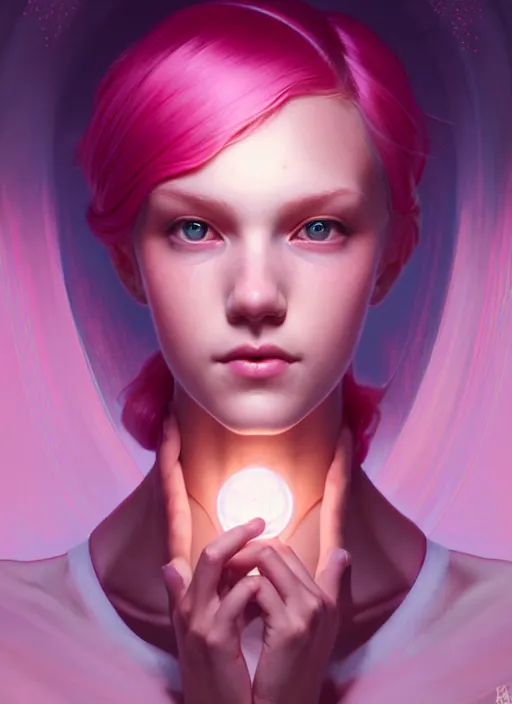 Image similar to symmetry!! portrait of student with pink hair, glowing lights!! intricate, elegant, highly detailed, digital painting, artstation, concept art, smooth, sharp focus, illustration, art by artgerm and greg rutkowski and alphonse mucha