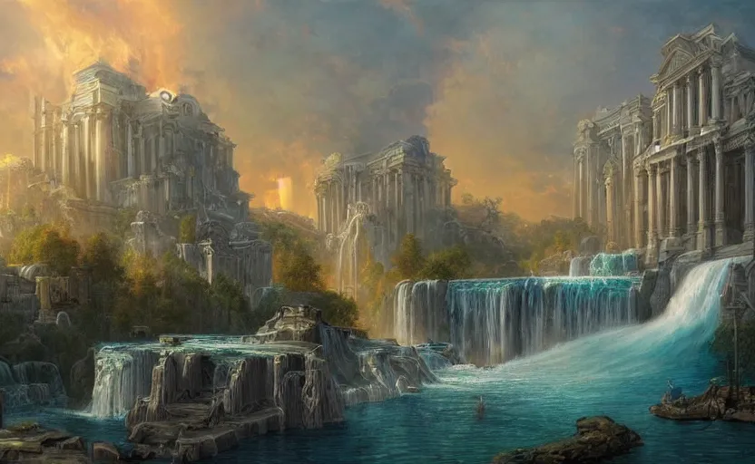 Prompt: epic landscape of a fantasy city with marble buildings and waterfalls at dusk, ambient lights, artwork by brom and rutowski