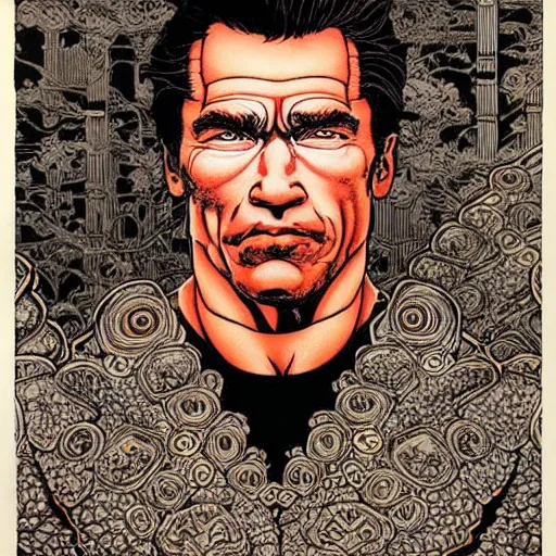 Prompt: intricate detailed portrait of arnold schwarzenegger by takato yamamoto