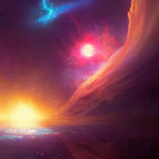 Prompt: A beautiful supernova and a nebula shining its light across a tumultuous vast space by greg rutkowski   and thomas kinkade Trending on artstation ultra details