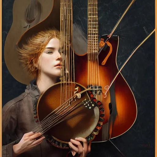 Prompt: ultra realist soft painting of folk musicians playing fiddle, mandolin, acoustic guitar, symmetry accurate features, very intricate details, focus, artstyle Hiraku Tanaka and Tom Bagshaw, award winning