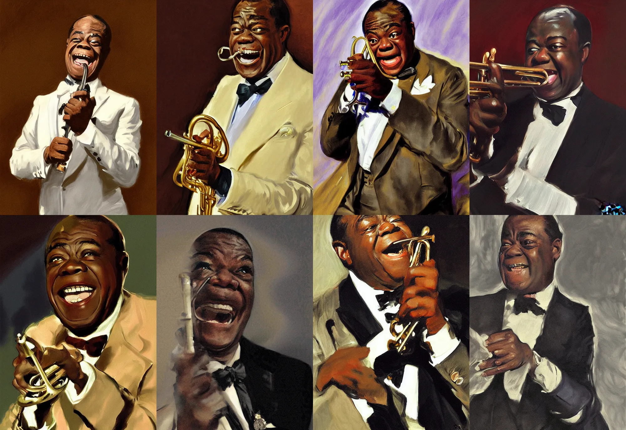 Prompt: a portrait of louis armstrong telling a joke, by john singer sargent, dramatic lighting, highly detailed digital painting