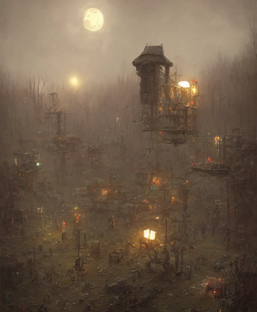 Prompt: roll dem bones, raining, moon, illustrated by Simon Stålenhag and Gaston Bussiere, beautiful volumetric lighting style atmosphere, intricate, ultra detailed, photorealistic, trending on artstation