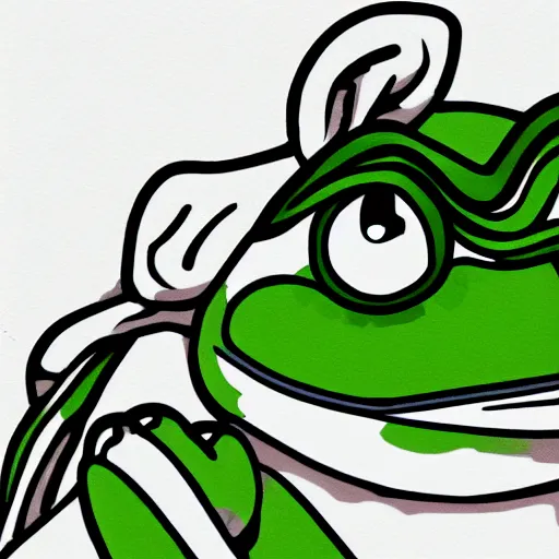 Image similar to a hyperrealistic portrait of pepe the frog, anime, cartoon style, vector art, ink, white background