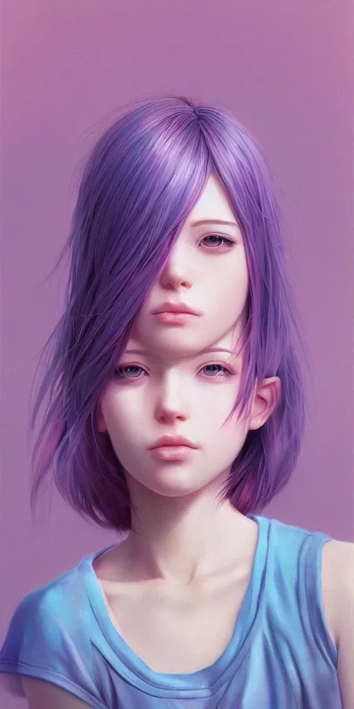 Image similar to one beautiful girl with pink and blue dyed hair, realistic female portrait, highly detailed, by ilya kuvshinov andmakoto shinkai, photorealistic