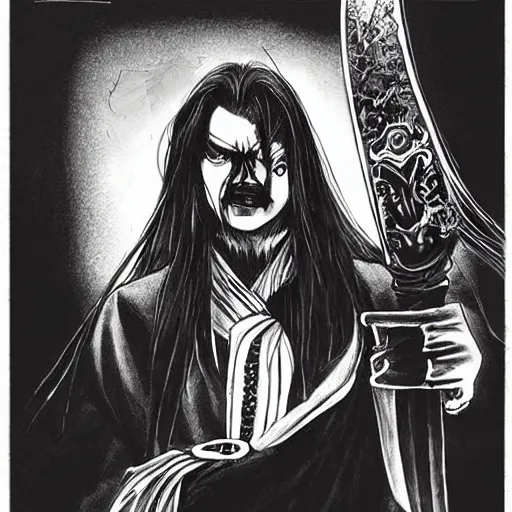 Prompt: vampire male samurai with long hair, character portrait, ink drawing, black and white, concept art by tim bradstreet