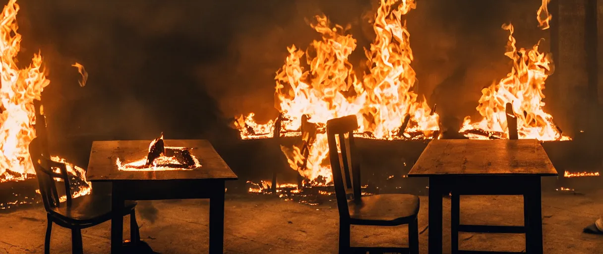 Image similar to a photograph of a big fire on a dining room on fire, only remains a wooden table and a chair (no fire at all there), an human-like relaxed dog sitting at this table, ☕ on the table, surrounded by flames, a lot of flames behind the dog, black smoke instead of the ceiling, no watermark