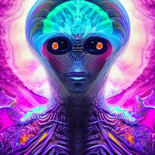 Image similar to Face of a Alien Deity, corals, plume made of fractals, extremly detailed digital painting, in the style of android jones, artwork of a futuristic artificial intelligence superstar, mystical colors, rim light, beautiful lighting, 8k, stunning scene, raytracing, octane, trending on artstation