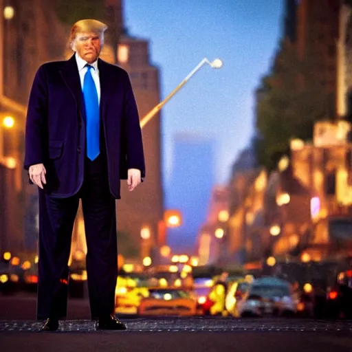 Image similar to “Very photorealistic photo of Donald Trump standing in the middle of Fifth Avenue with a gun, atmospheric lighting, award-winning details”